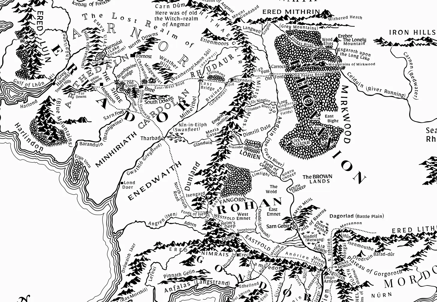 Carte de la Terre du Milieu, avec le trajet de Frodon tracé de la Comté au Mordor
